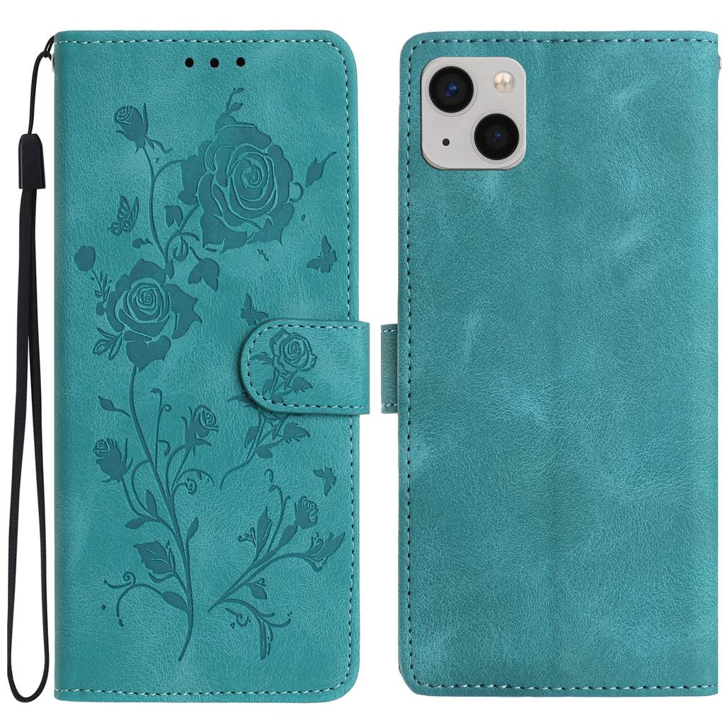 For iPhone 14 Wallet Case Rose Pattern Imprinted Leather Flip Stand Phone Cover