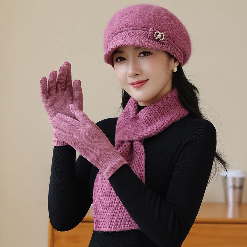 Old Lady Rabbit Fur Warm Knitted Hat Female Mother Plus Fleece Basin Hat Grandma Wind and Cold Scarf Glove Hat