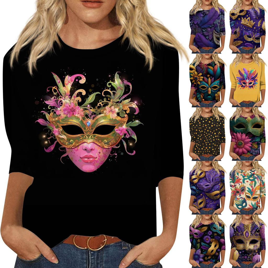 Women's Fashionable Casual Three-Quarter Sleeve Carnival Print Neck Top