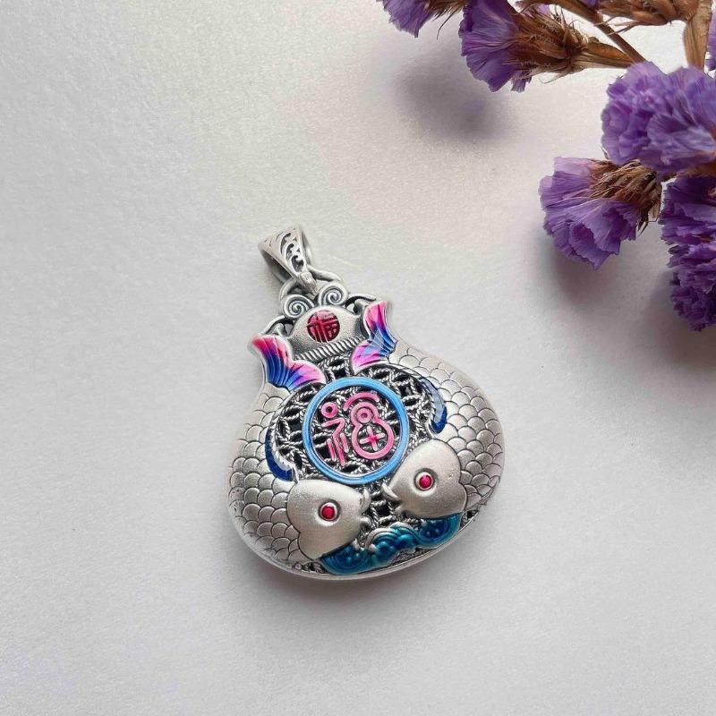 Vintage Klassisch Cloisonné Emaille Rosa Lila Zwei Fische Anhänger Halskette für Damen Charms Fein Neu in Schmuck