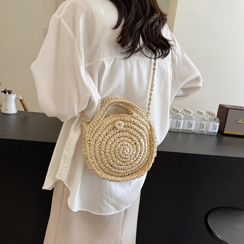 Runde Umhängetasche aus Stroh, handgefertigt, gewebte Schultertasche für Damen, Sommer-Strandtasche, Bohemia-Reisetasche, kleine Handtasche und Geldbörse