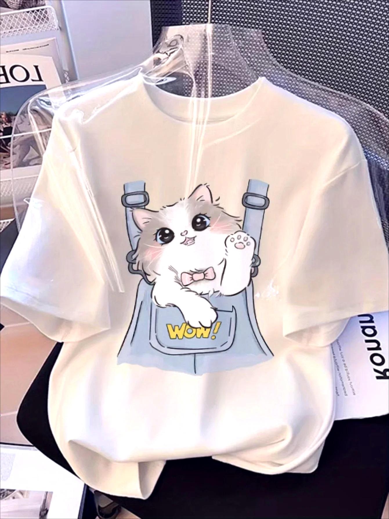 

2026 New Cat Design Short Sleeve Shirt Breathable Fashion Print Tshirt Ladies Beautiful Simple Short Sleeve Casual Top S