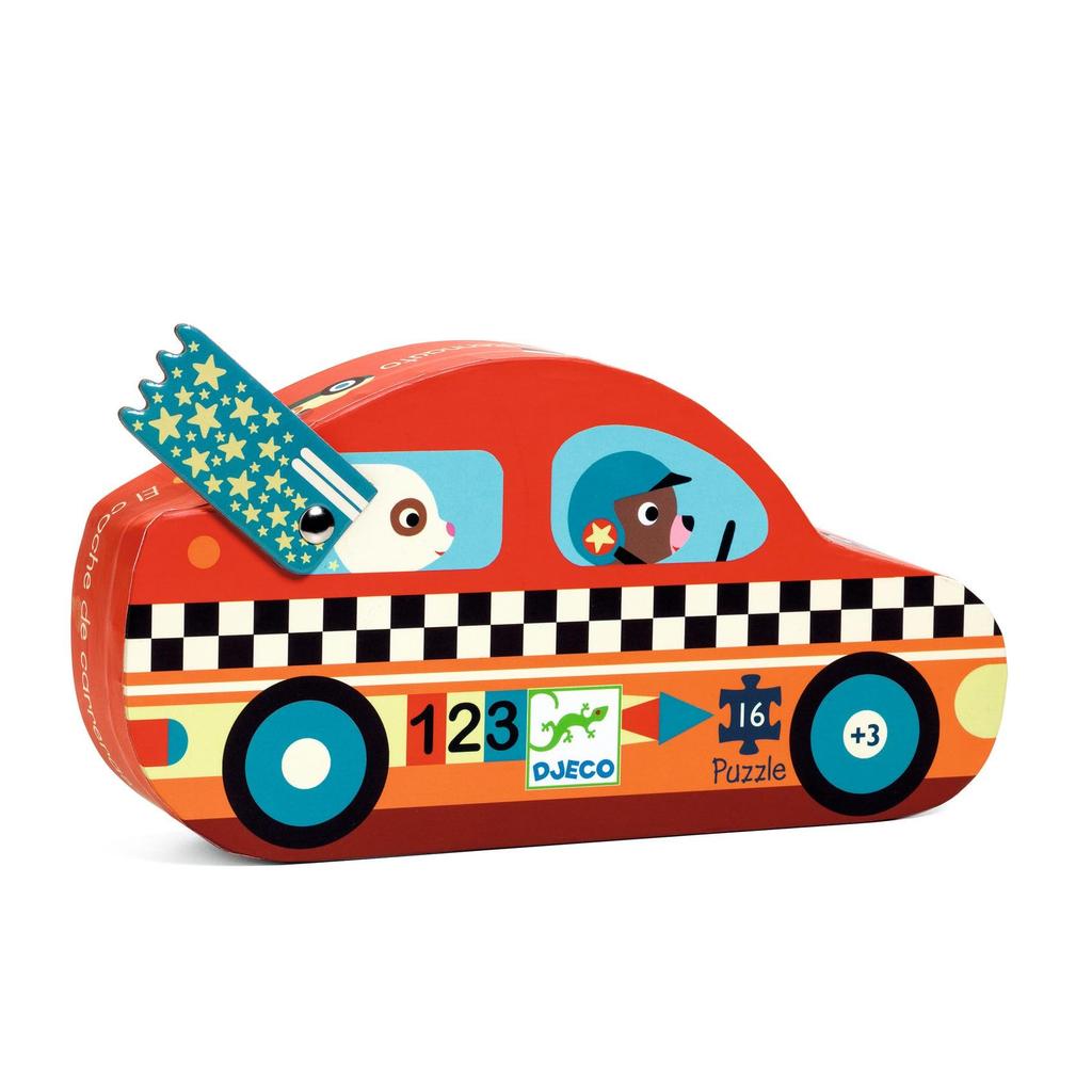 DJECO Racing Car Jigsaw Puzzle Featuring a Racing Car and Rabbit. Perfect for Ages 3-4, Boys and Girls, Toddlers, Babies, and Preschoolers. A Great