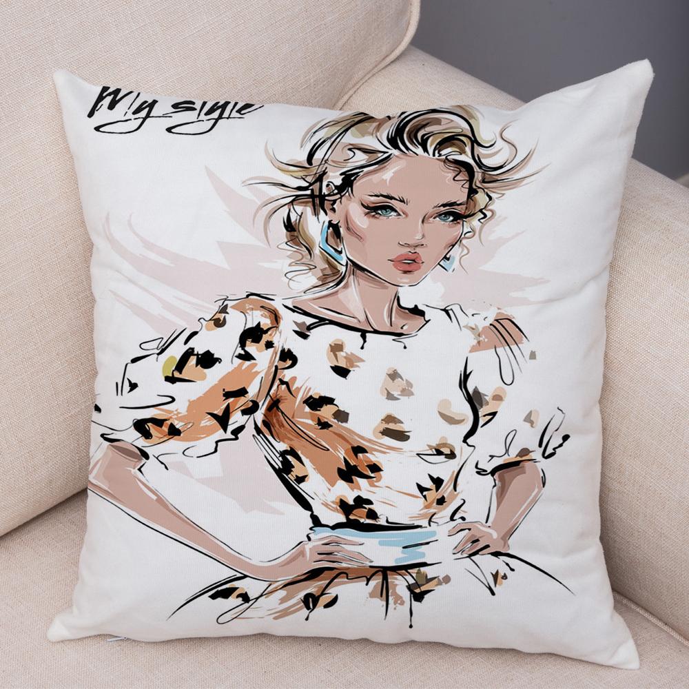 Boho Woman Art Pillowcase Double Print Fashion Lady Cushion Cover Soft Plush Portrait Pillowcase Bedroom Decor