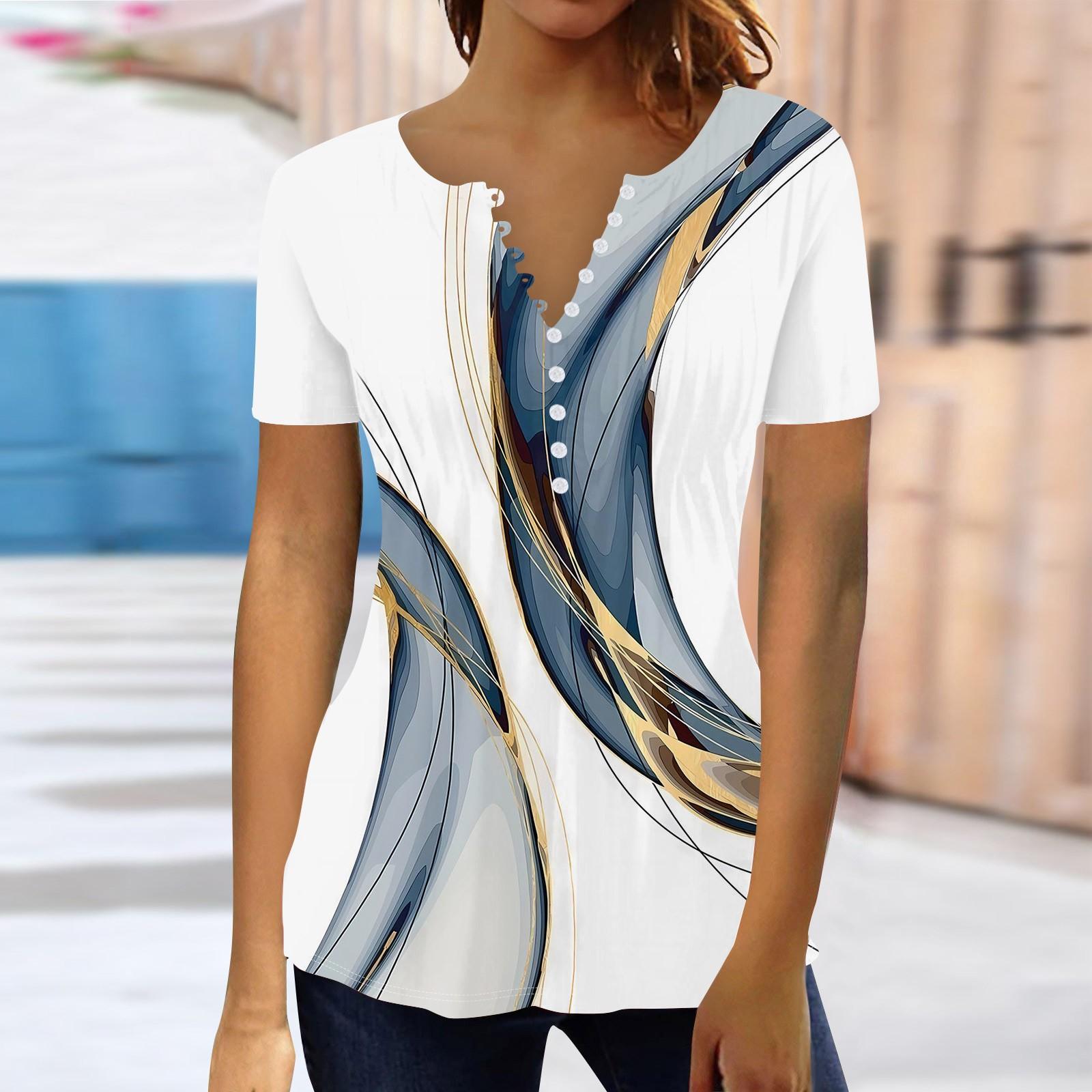 

Летние топы для женщин, модные рубашки-туники с принтом в стиле бохо, футболка с короткими рукавами и пуговицами, V-образный вырез, повседневная свободная блузка XL белый