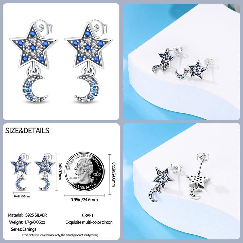 925 Sterling Silver Sparkling Cubic Zircon Star Moon Pendant Hoop Earrings for Women Luxury Wedding Anniversary Jewelry Gifts