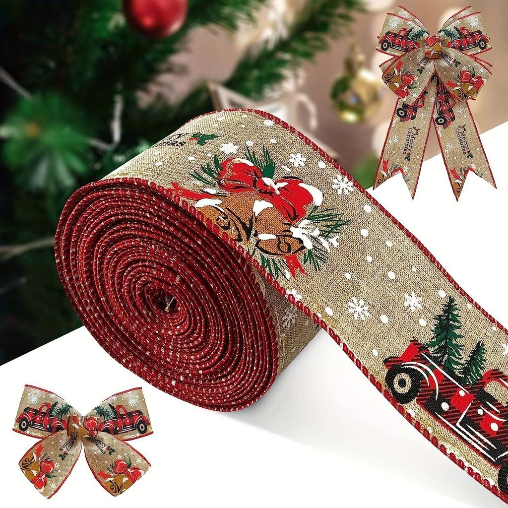Christmas Ribbon, Car Printing Ribbon, Suitable For Holiday Decoration, Gift Packaging 2.5 Inch
