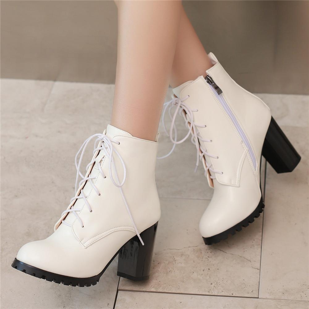 Fashion Fashion Ankle Boots For Women Winter Shoes Block High Heels Lace-up Women's Short Boot Black White Silver Large size 45 46 47 48