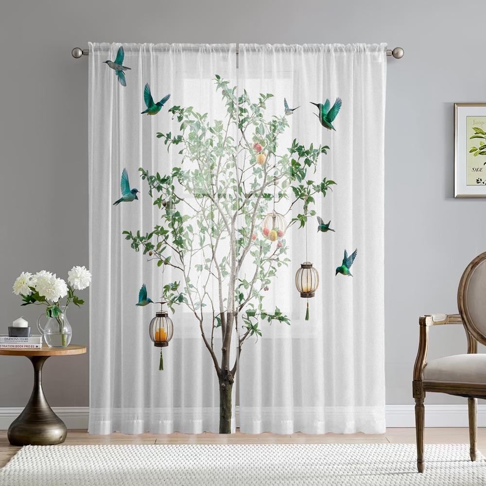 Set Of 2 Hd Digital Hundred Birds Hanging Clock Tree Printed Window Valance Home Decorating Style Decorative Living Room Bedroom Curtain Polyester
