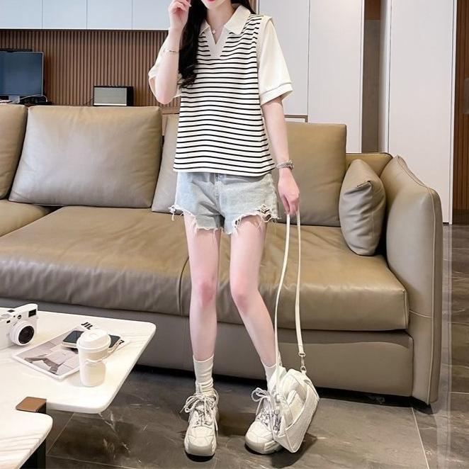 Small fake two-piece short-sleeved T-shirt striped Polo collar summer foreign style loose and versatile design top