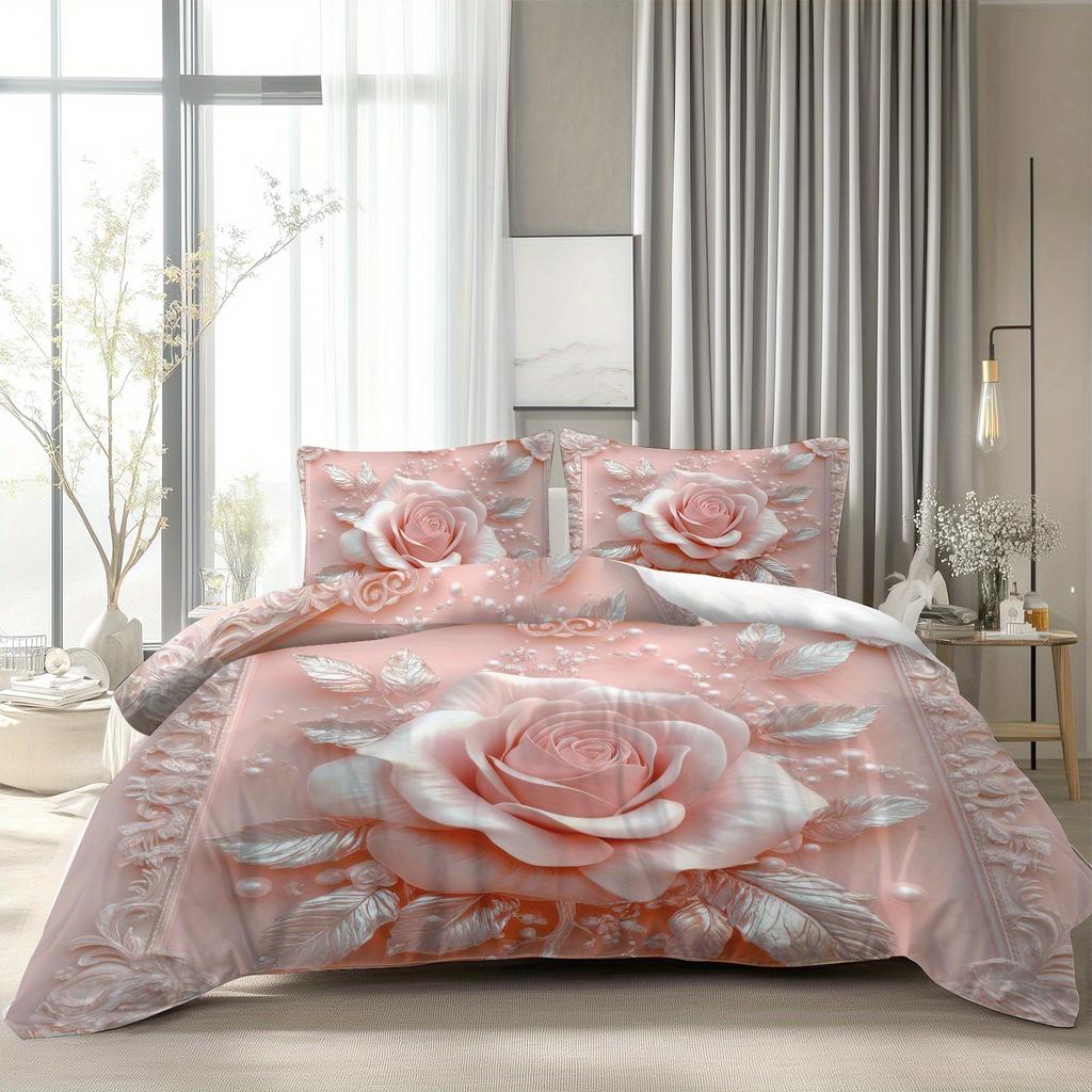 Pink Rose & Silvery Leaves Duvet Cover Set Elegant Design Soft Bedding Machine Washable Bedroom Decorative Comforter Set