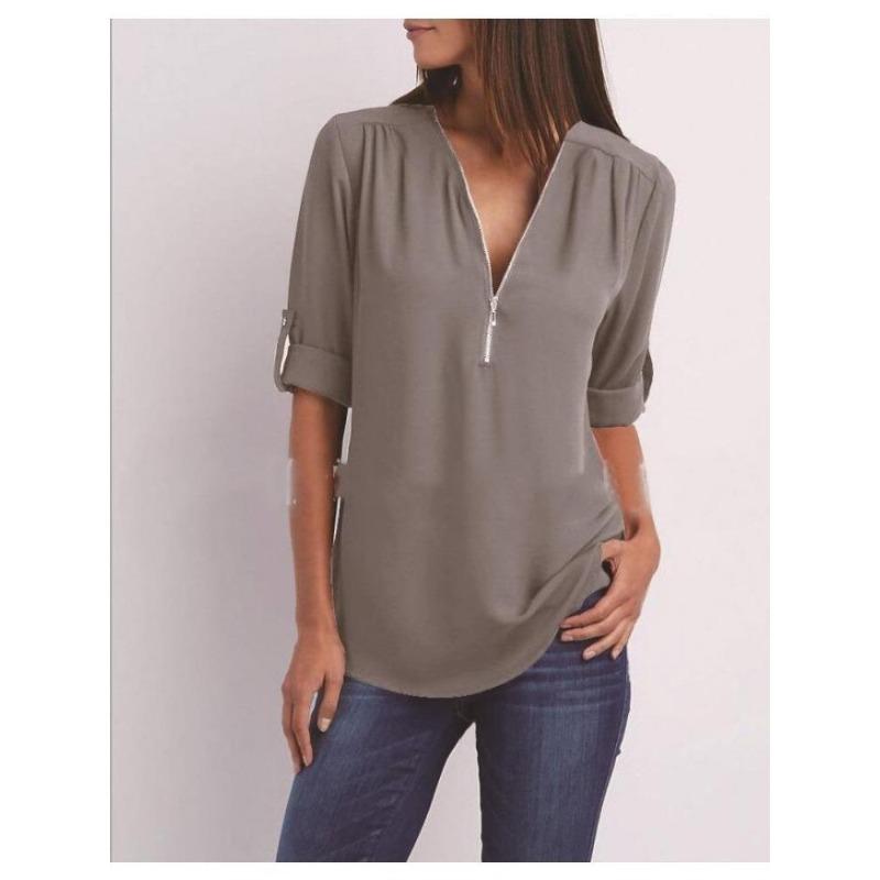 Women's Plus Size Loose Fit V-neck Chiffon Shirt with Long Sleeves and Adjustable Zipper