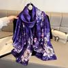 Luxury  Women Summer Silk Scarves Purple Flowers Print Shawls Wraps Soft Female Beach Bandanna Foulard Muffler Scarf