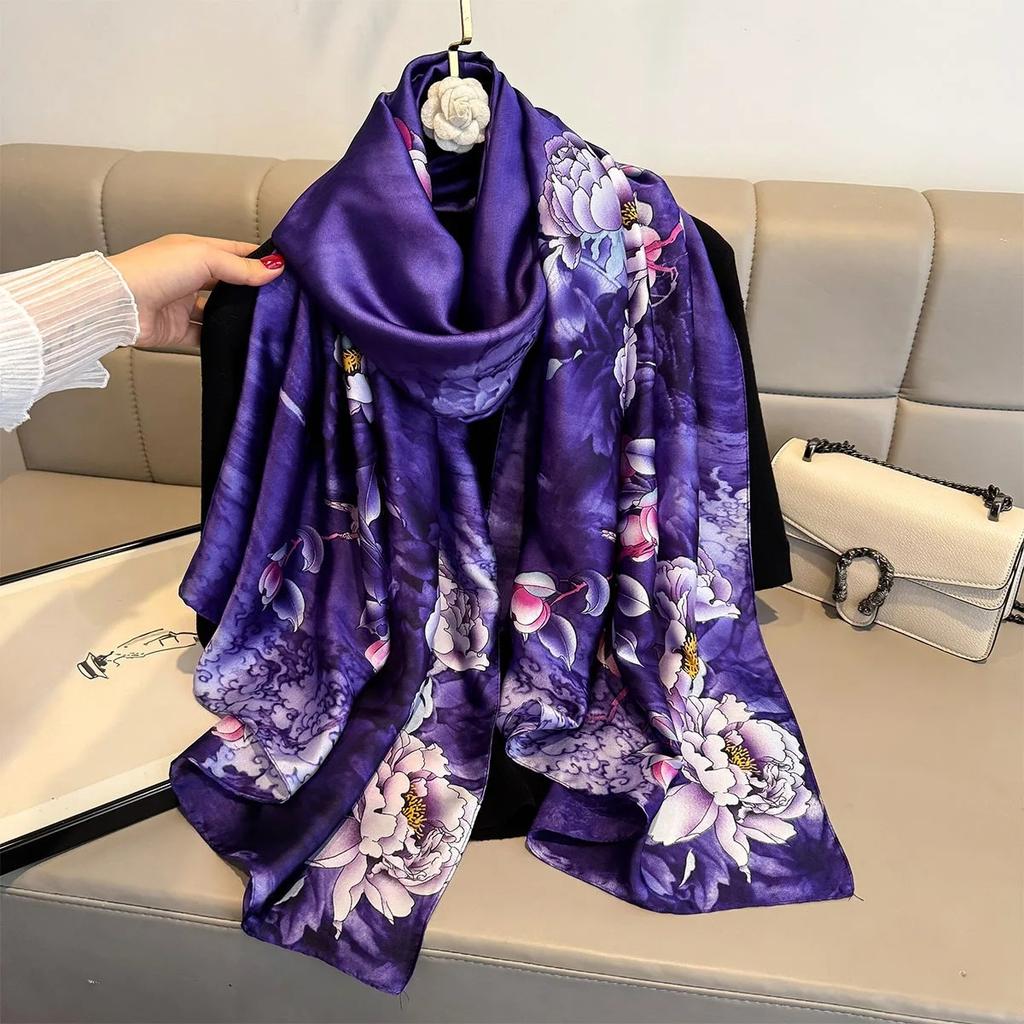 Luxury  Women Summer Silk Scarves Purple Flowers Print Shawls Wraps Soft Female Beach Bandanna Foulard Muffler Scarf