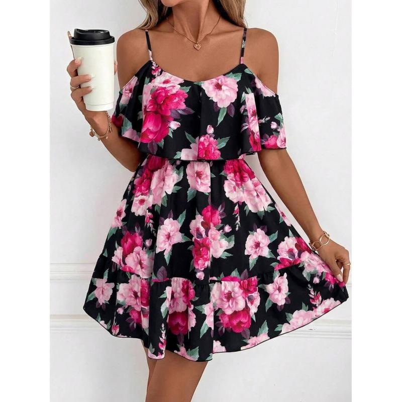 Europe, America 2026 summer bohemian floral ruffle edge off-the-shoulder short-sleeved elegant dress XXS