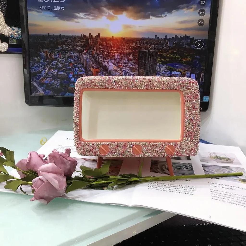 Sparkling Rhinestone Tissue Box Phone Holder Small TV Style Bling Home Desk Decor Tissue Storage Box Napkins Holder Gifts