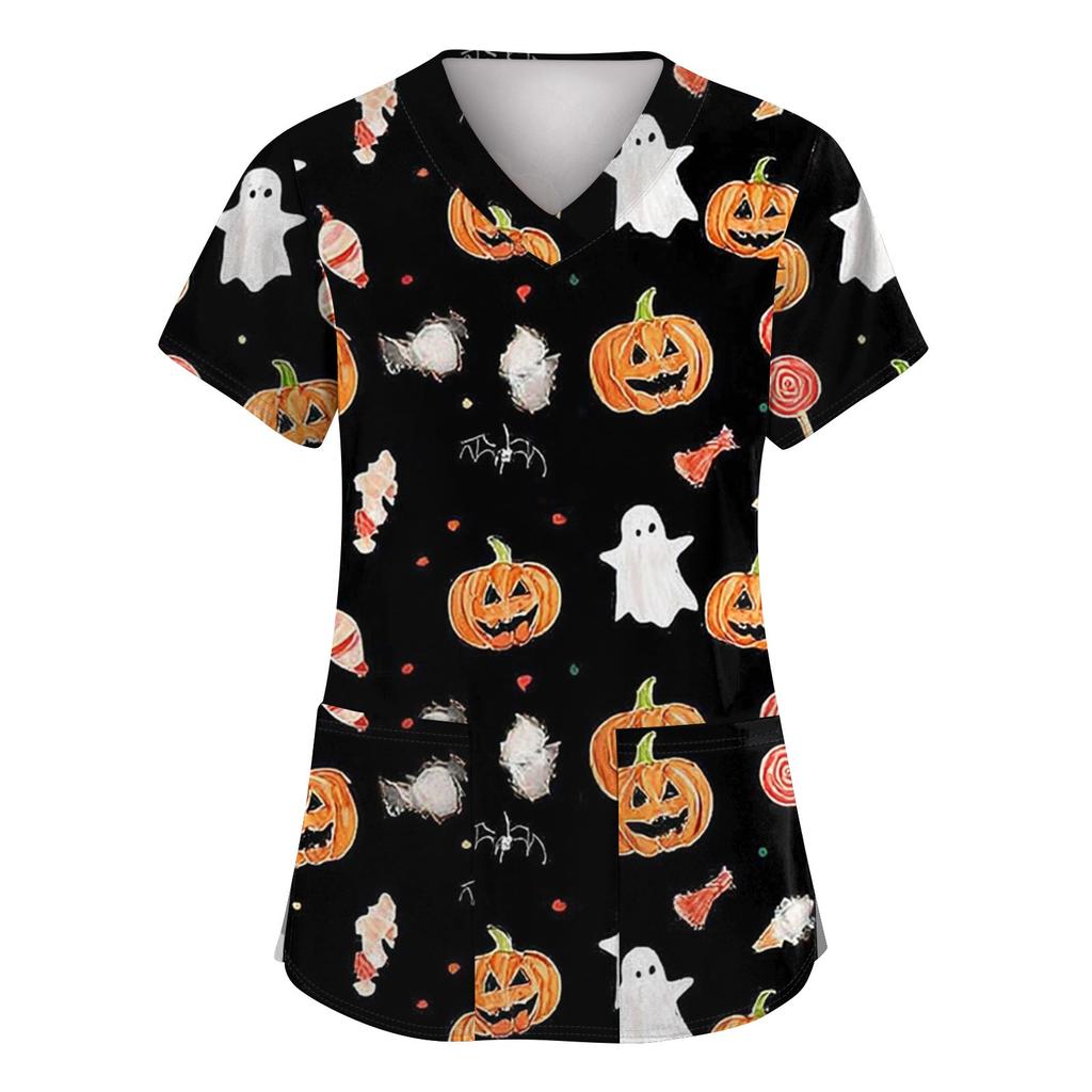 Women's Fashion Short Sleeve Halloween Printed V-Neck Pocket Workwear Tops