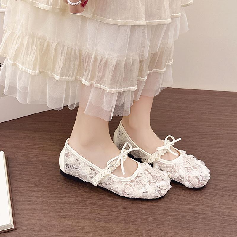 Women Mary Jane Shoes Round Toe Low Heel Butterfly-knot Shallow Single Shoes Dress Breathable Mesh Versatile Gentle Ballet Shoes