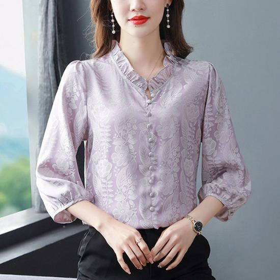 Women's Satin Three-Quarter Sleeve Ruffled V-Neck Top - French Style, Spring Collection, Flattering Fit