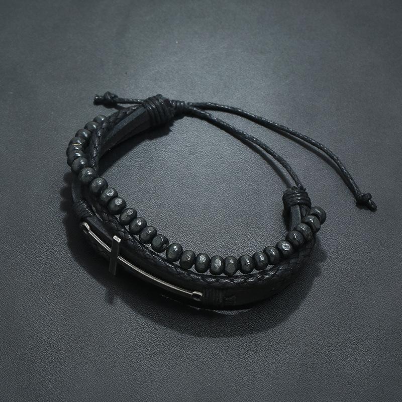 Retro Cross Layer Bracelet For Men Punk Black Hand Woven Cowhide Leather Adjustable Bead Bracelet Accessories Christian