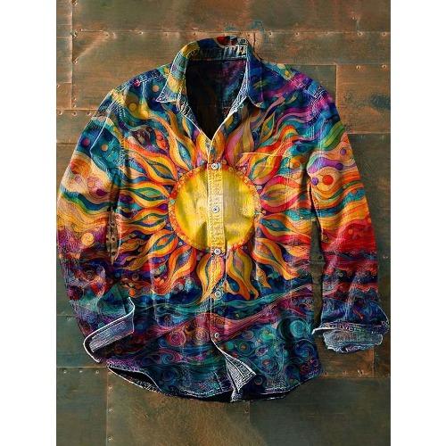 Retro-style Colour-block Print Men’s Long-sleeved Button-down Shirt