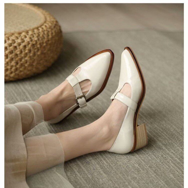 Fashion Retro Pointed Single Shoes Spring Summer Styles Thick Heel Fashionable Buckle Strap Simple Casual Versatile Women's Single Shoes