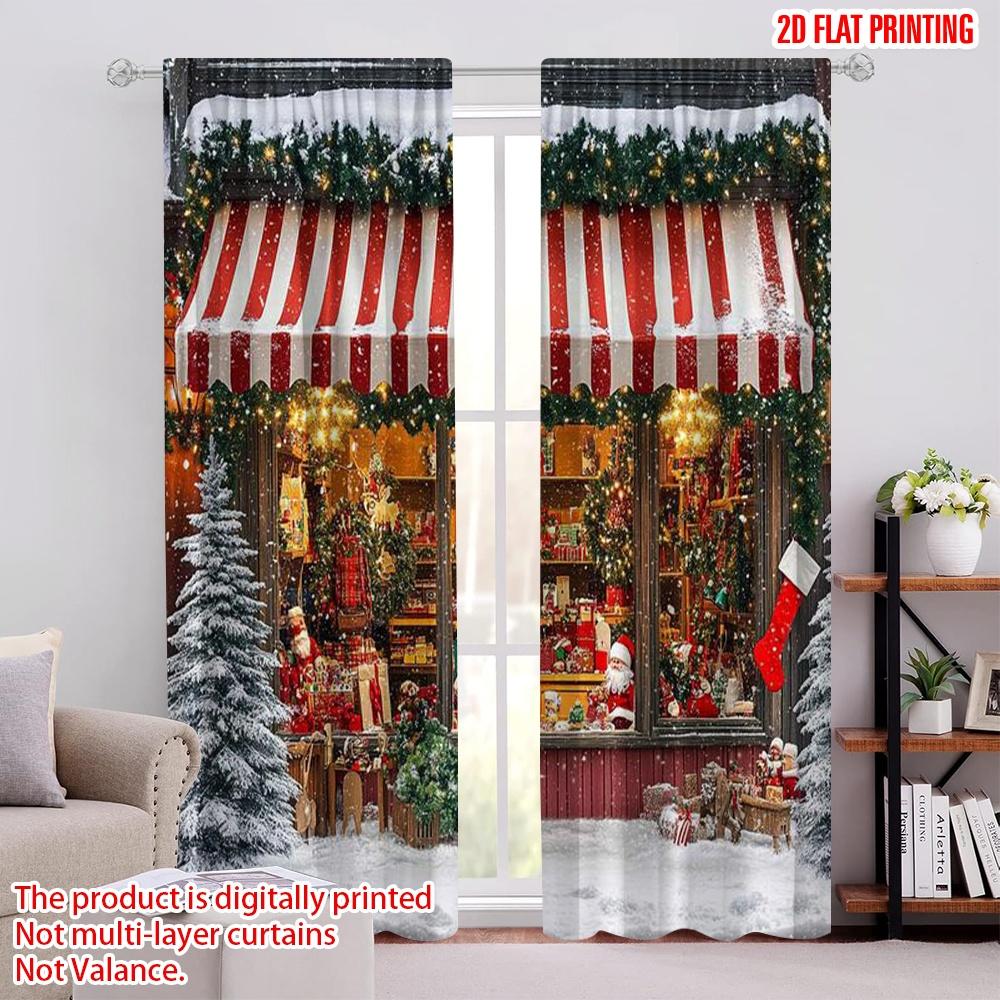 

Set Of 2 Flat Printing Merry Christmas Drapes Santa Claus Toy Store Fabric Without Electricity Festive Holiday Perfect Curtain Made Polyester W100*H70(CM)-Hooks&2PCS
