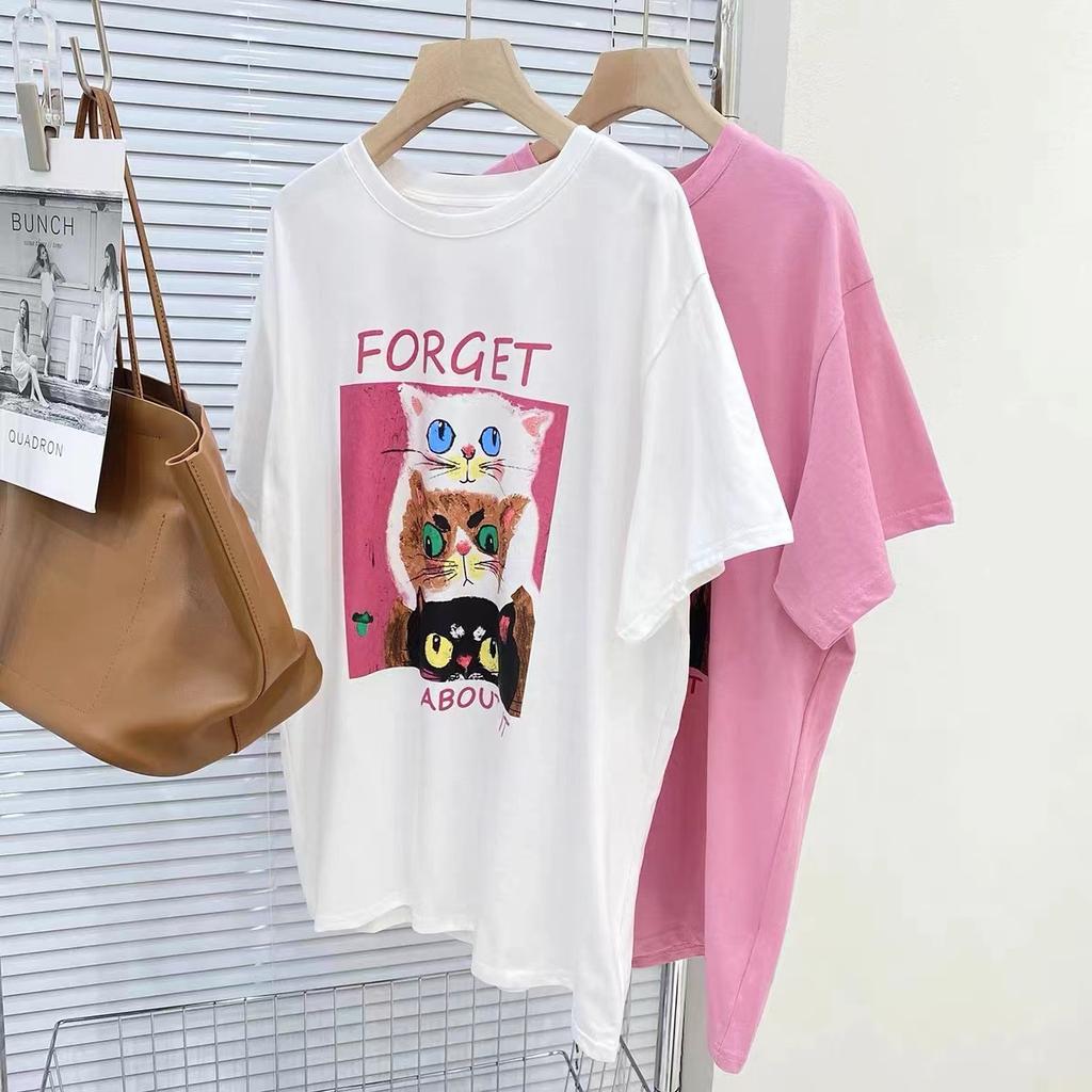 Übergroßes Cartoon-Katzen-T-Shirt aus reiner Baumwolle mit kurzen Ärmeln für Damen im Sommer Neues lockeres und modisches Design Nischen-Top