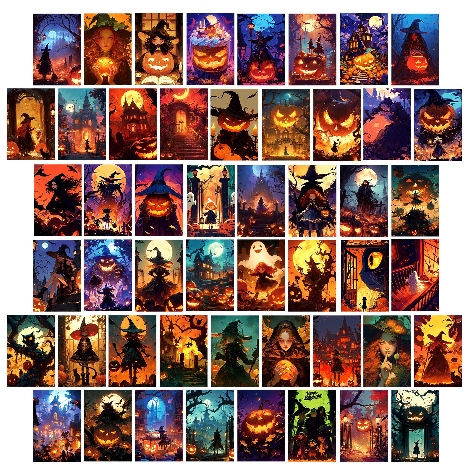 

50 Halloween-Themed Jack-O-Lanterns, Witch Wall Cards, Background Decoration, Holiday Gift Cards For Children T01042071