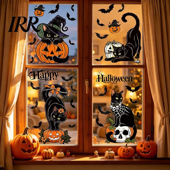 Reusable Holiday Window Film 4 Sheets Halloween Black Cat Clings, Spooky Pumpkin Sticker Sticker, Double Sided Static Decals for Glass Door