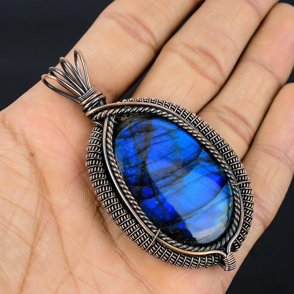 Labradorite Pendant, Handmade Gemstone 999 Copper Wire Wrapped Pendant Antique Jewelry, For Gift Silver Jewelry