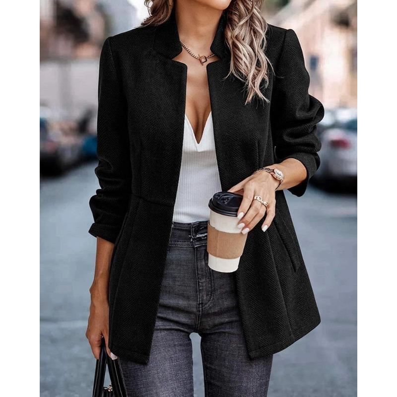 VEZFAA   Women's Fashion Casual Solid Color Print Fall Winter Long Sleeve Stand-Neck Jackets & Coats