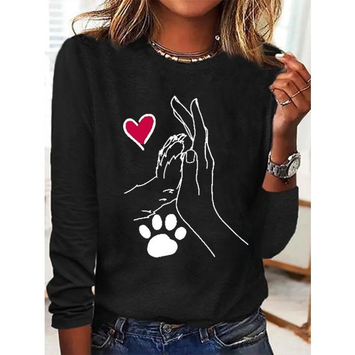 Round Neck 3D Printed Love Cat Footprint Pattern Top Fashionable Casual Long Sleeved Women's T-shirts
