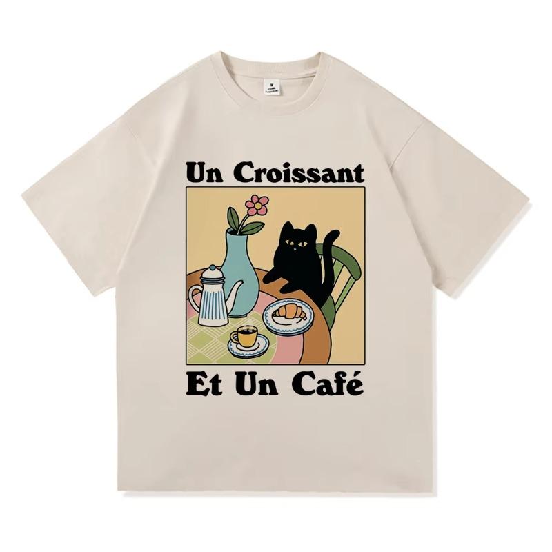 Vintage French Cafe Cat T Shirt Fashion Men/Women Funny Letter Un Croissant Fashion T-Shirt High Quality Cotton Tees Shirts