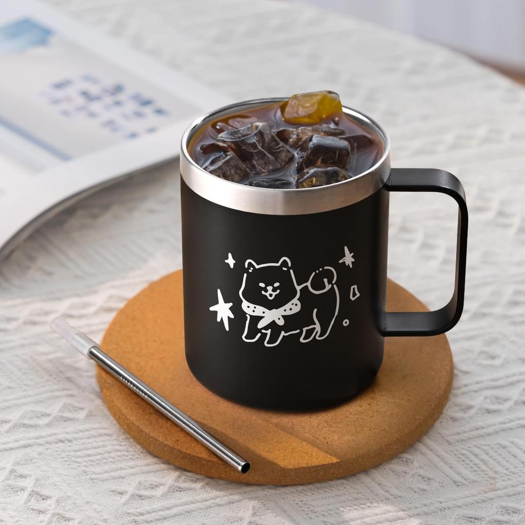 Livole Shiba Inu Gift for Men and 350ml Stainless Steel with Lid and Cute Gift Merchandise, Women, Mug, Insulated, Straw, (Black)