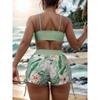 Women's Rose Pink High Waist Tankini Set Tropical Leaf Print Drawstring Two Piece Swimsuit