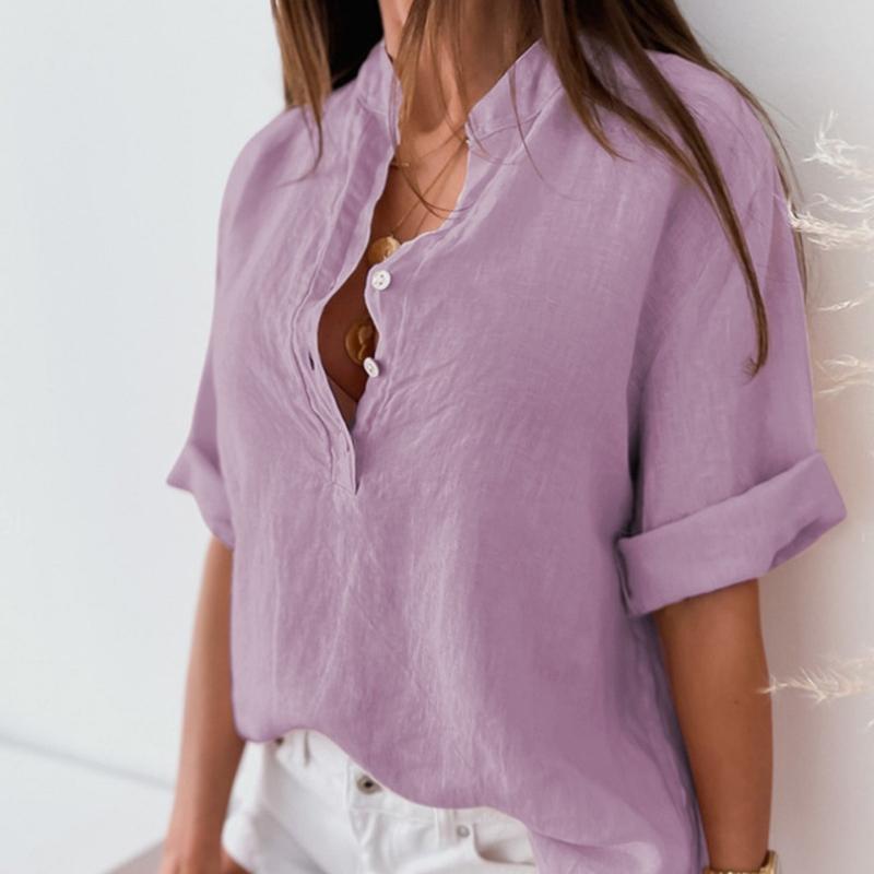 2024 Summer Solid Casual Short Sleeve Shirt Women Plus Size Loose Cotton linen Blouse Women Tops Elegant Office Lady Simple Shirts Female 24299
