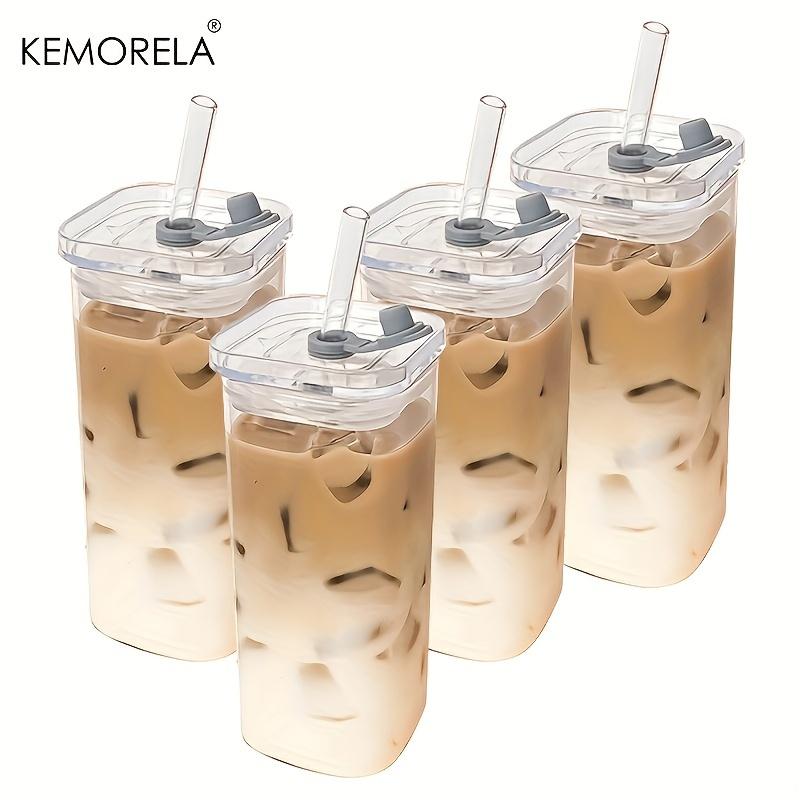 1/2/4/6 Stück Quadratische Hitzebeständige Kaffeeglastasse mit Deckel und Strohhalm Transparent Milch Tee Saft Kaffeetasse für Zuhause Bar Trinkgeschirr