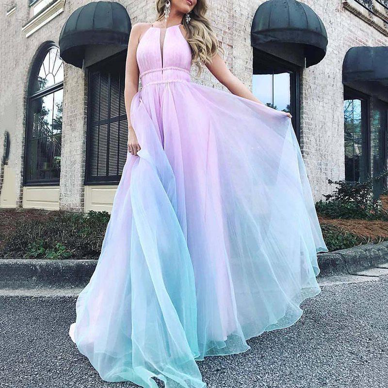 European and American Women's Gradient Deep V Evening Gown - Sexy  Long Dress with Waist-Gathering Swing Design.