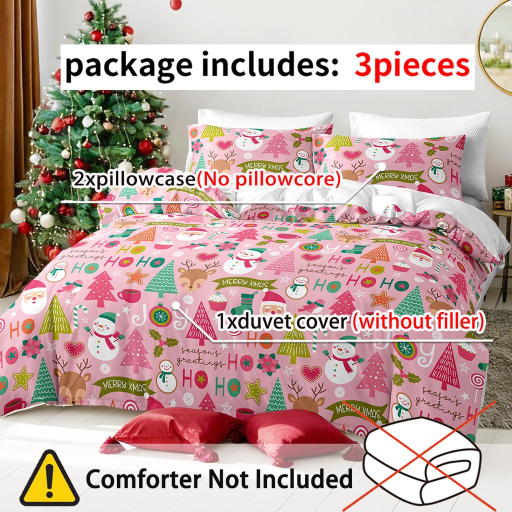 3pcs/set Christmas Reindeer Snowman Bedding Set Includes 1 Duvet Cover And 2 Pillowcases Soft And Skin-Friendly