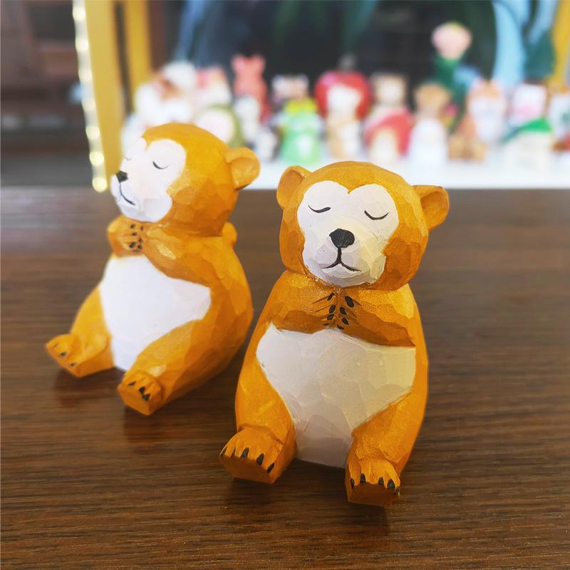 Hand-Carved Golden Snub-Nosed Monkey Solid Wood Ornament - Cute Desktop Decoration