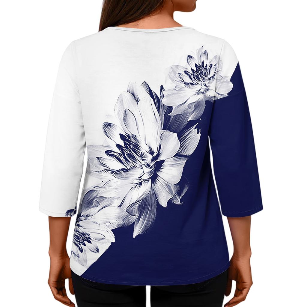Women's Fashion Casual Three-quarter Sleeve Loose Round Neck Button Floral Print Top