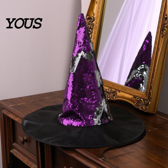 Eye Catching Party Accessory Reversible Sequin Witch Hat, Sparkly Glitter Large Wizard Color Changing Hat Halloween Costume for Cosplay, Masquerade