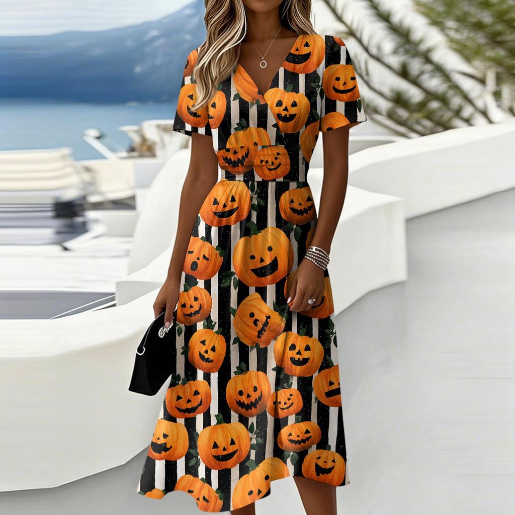Women's Halloween Print Casual Short Sleeve V Neck Midi Dress with Elastic Waist and Relaxed Fit Suitable for Seasonal Wear