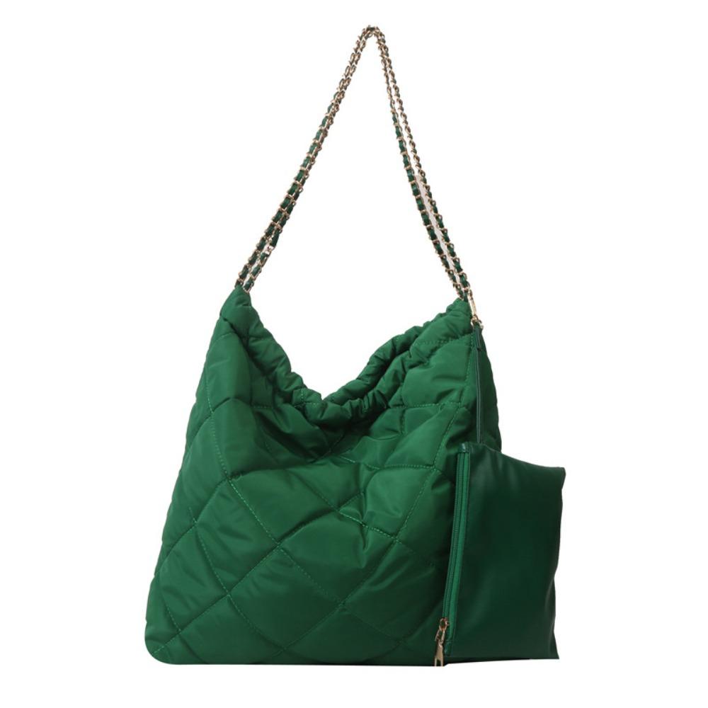 

Checkered Cotton-padded Tote Bag Large Capacity Puffy Bag Casual Nylon Handbag Autumn Winter зелёный