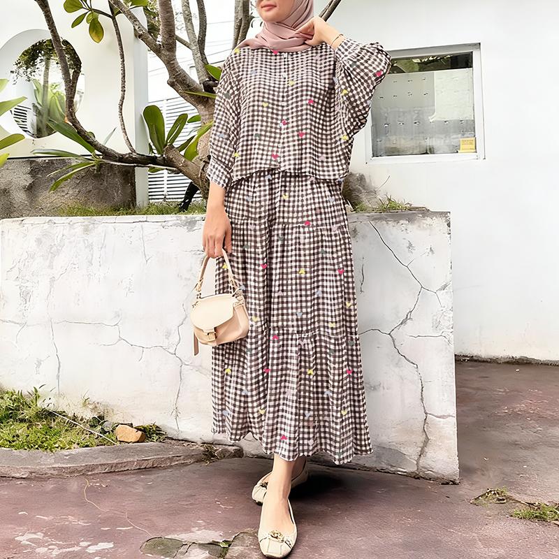 

ZANZEA Women Long Sleeve Blouse and Skirts Muslim Casual Two Piece Suit Sets 2XL коричневый