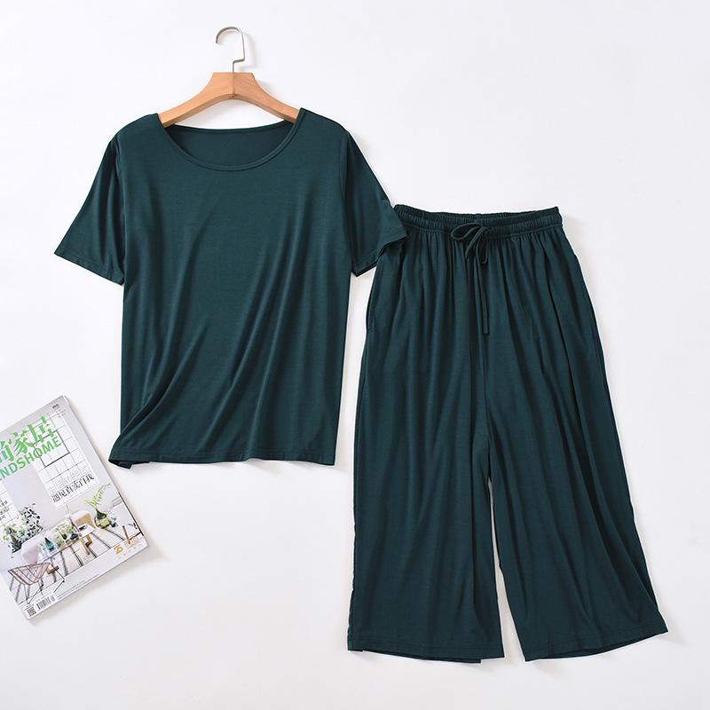 Damen Sommer Modal Pyjama Set - Kurzarm Oberteil & Caprihose, Tragbar im Freien, Übergröße