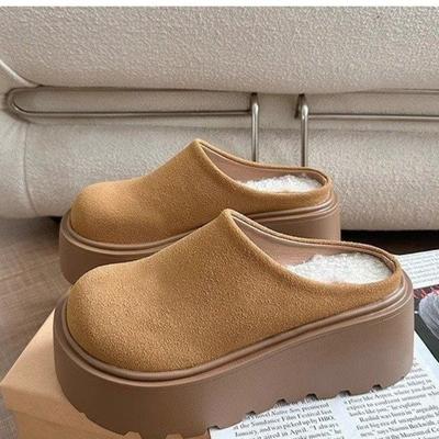 Mules chaudes en coton pour femmes, pantoufles rétro à talons hauts à semelles épaisses, chaussures à enfiler à bout fermé, pantoufles d'extérieur confortables