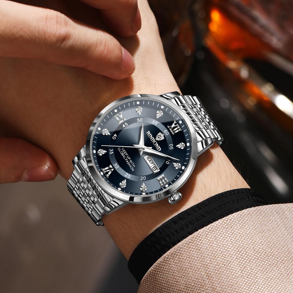 BINBOND Precise Luxury Quartz Wristwatches For Men Luminous Waterproof Week Display Men's Watch Stainless Steel Reloj Free Ship