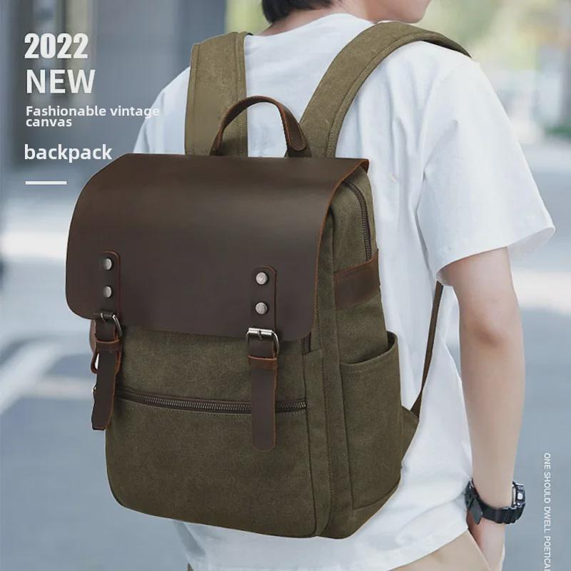 Unisex Retro Waxed Canvas & Leather Laptop Backpacks for Travel and School